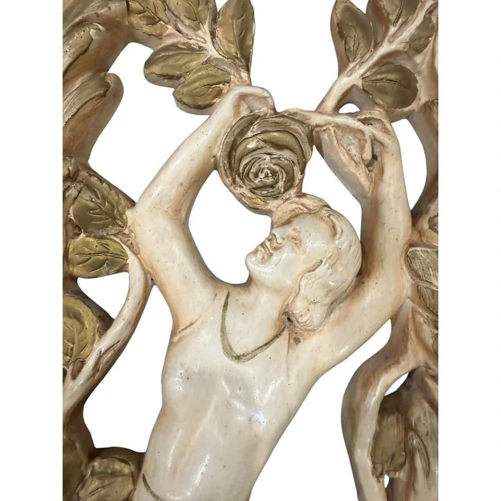 Vintage 70s Art Nouveau Wall Plaques Summer Winter‎ Ivory Gold Plaster Panel Set